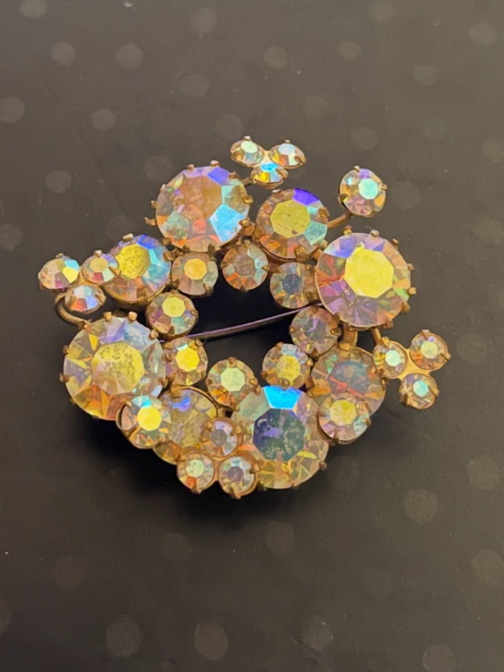 Vintage Triad Brooch with Aurora Borealis Rhinestones - Signed on Back